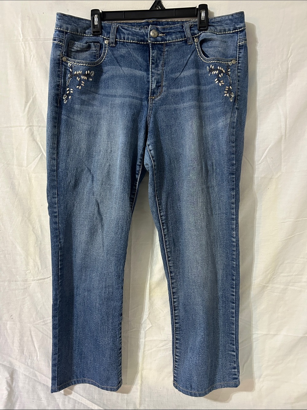 Y2K Code Bleu Embellished Floral Straight Leg Jeans Sz 16W Blue Denim